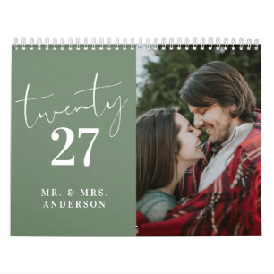 Calendrier Calligraphie de script Nouveau Mariage Photo Vert