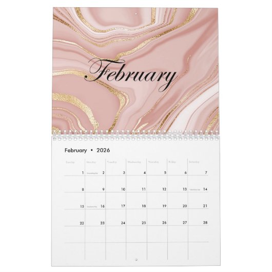 Calendrier Calwndar 2024 motif en marbre rose avec or (Feb 2026)