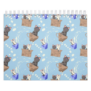 Calendrier Chats en boîte et gouttes de lait sur bleu