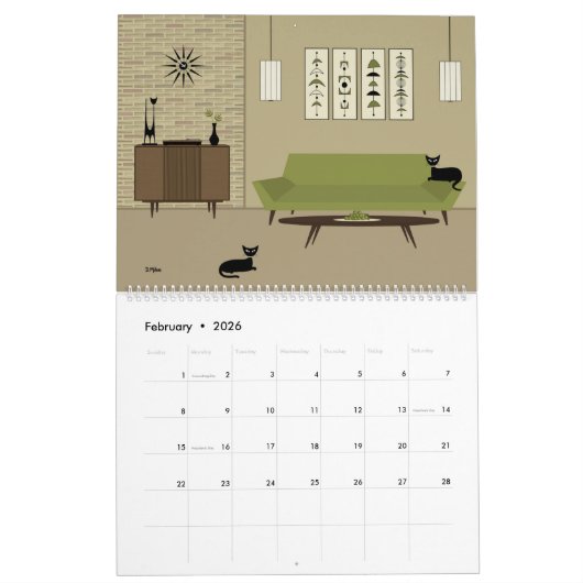 Calendrier Chats noirs modernes du milieu du siècle (Feb 2026)