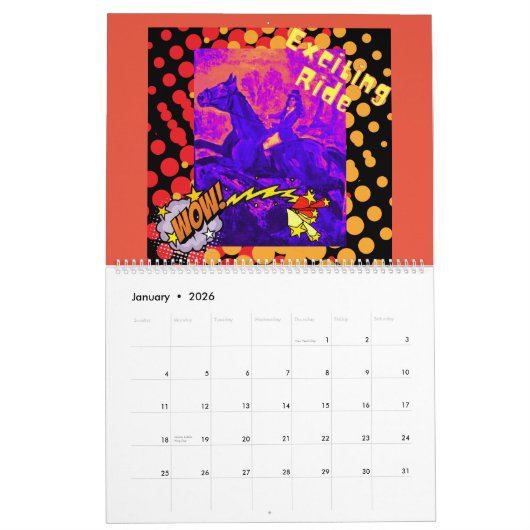 Calendrier chevaux de style comique (Jan 2026)