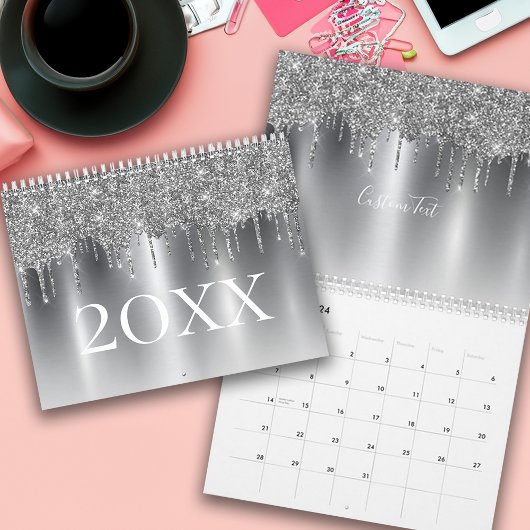 Calendrier Chic gris argenté Parties scintillant Ombre Monogr