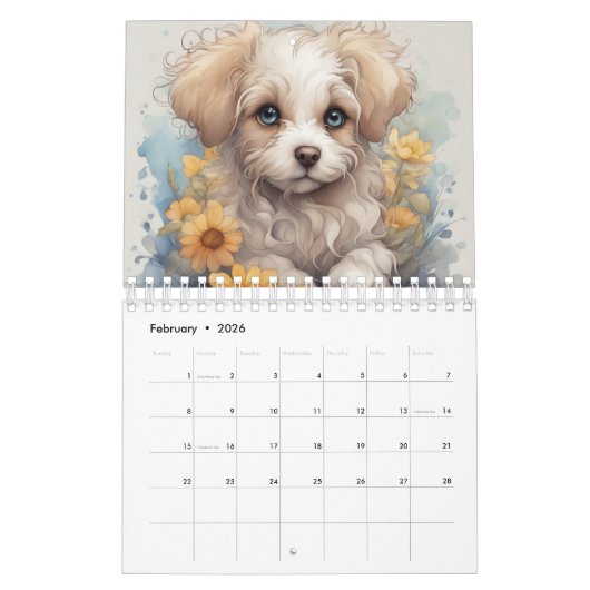 Calendrier Chiens, Chiots, Fleurs De Chiens, (Feb 2026)
