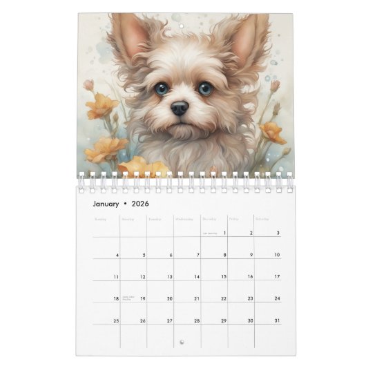 Calendrier Chiens, Chiots, Fleurs De Chiens, (Jan 2026)