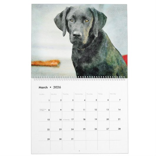 Calendrier Chiens de 12 mois Black Lab Chiens Animaux Aquarel (Mar 2026)