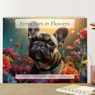 Calendrier Chiens de taureaux français adorables avec fleurs