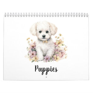Calendrier Chiot mignon avec aquarelle à fleurs