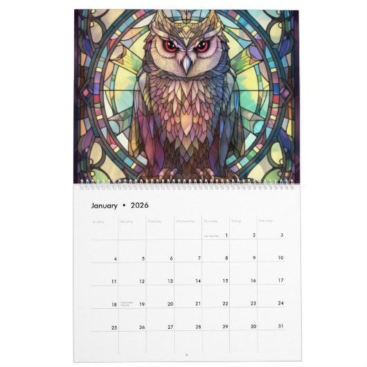 Calendrier Chouette en verre tendu (Jan 2026)