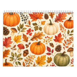 Calendrier Citrouilles aquarelles d'automne, feuilles d'autom