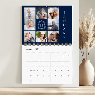 Calendrier Collage de photos de famille Monogramme Crête Bleu