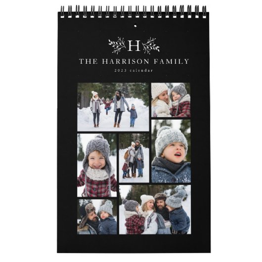 Calendrier Collage photo de famille monogramme rustique noir  (Protection)
