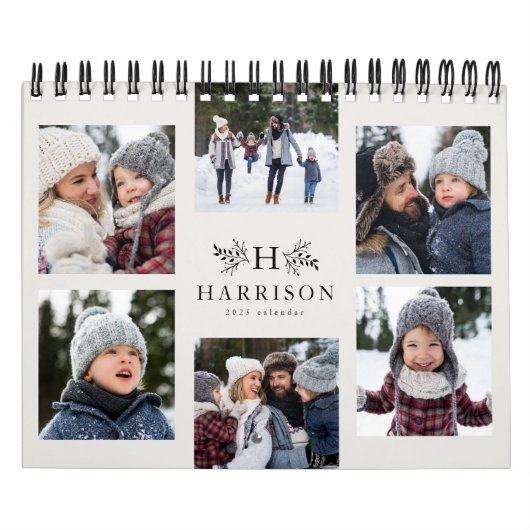 Calendrier Collage photo de famille monogramme rustique noir (Protection)