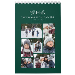 Calendrier Collage photo de famille rustique monogramme vert