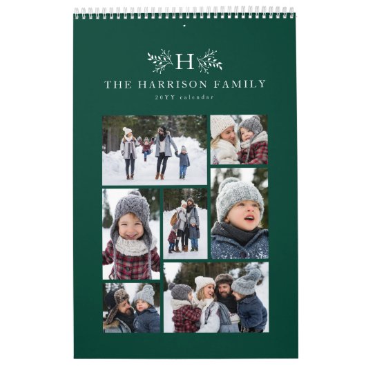 Calendrier Collage photo de famille rustique monogramme vert (Protection)
