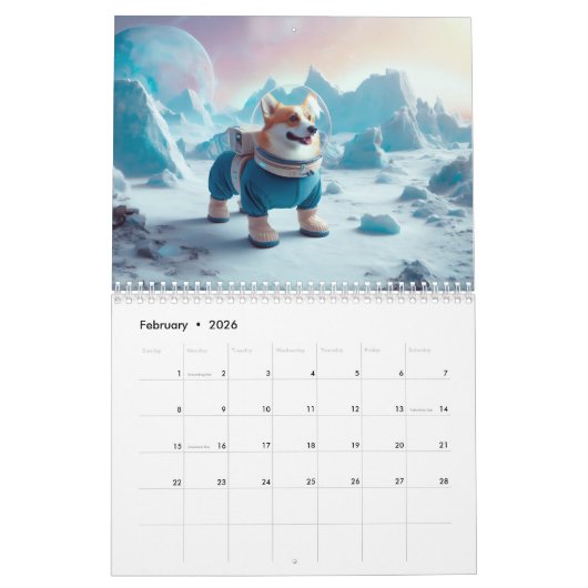 Calendrier Corgis dans l'espace (Feb 2026)