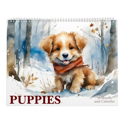 Calendrier Couleur d'aquarelle des chiots mignons Art 12-Mois (Protection)