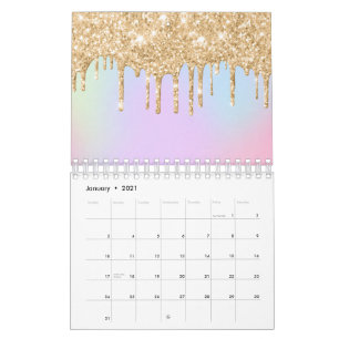 Calendrier Couleurs Arc-en-ciel Licorne Brillantes Dorées qui