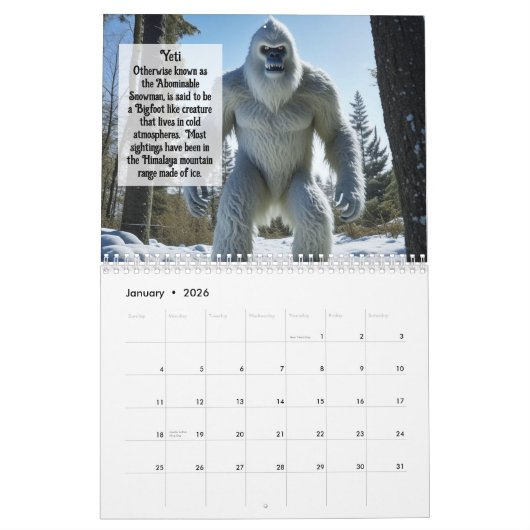 Calendrier Cryptids Bigfoot, Chupacabra, Mothman, Yeti (Jan 2026)