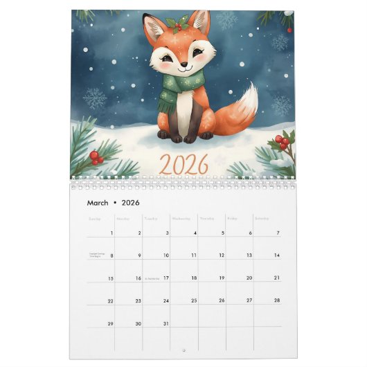 Calendrier cute winter fox new year 2026 (Mar 2026)