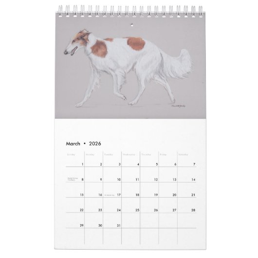 Calendrier d'art Borzoi 2022 à une page par Charlo (Mar 2026)