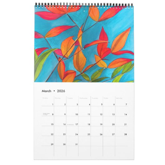 Calendrier d'art moderne d'aquarelle par Sacha (Mar 2026)