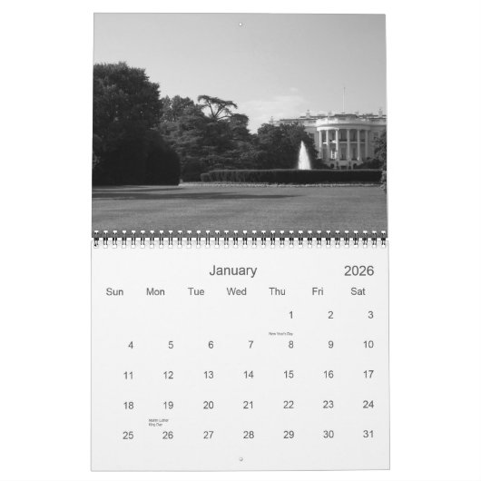 Calendrier DC de Washington dans noir et le blanc (Jan 2026)