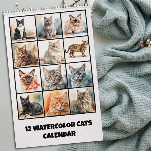 Calendrier de 12 chats à l'aquarelle
