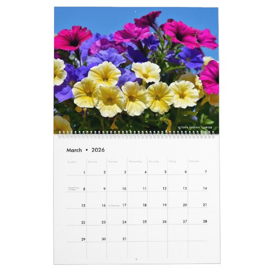Calendrier de 12 mois de diverses fleurs (Mar 2026)