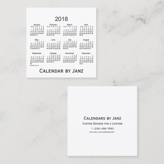Calendrier de 2018 blancs par le carte de visite (Devant / Derrière)