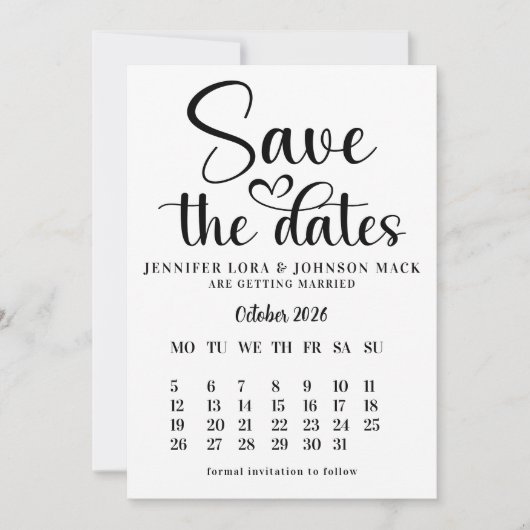 Calendrier de faire-part de mariage noir et blanc  (Devant)