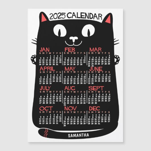 Calendrier de l'année 2025 Magnet de chat noir du  (Devant)