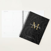 Calendrier de monogramme de script floral or noir (Devant avec enveloppe)
