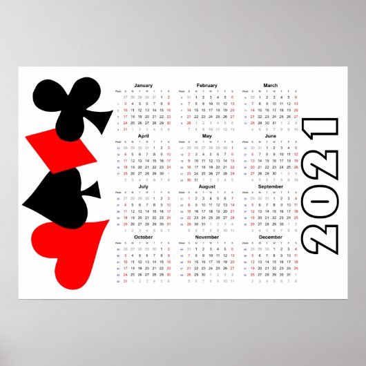 Calendrier de poker 2021 Affiche - Début le dimanc (Devant)