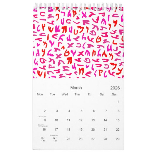 Calendrier des alphabets (Mar 2026)