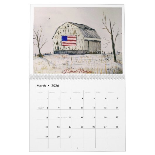 Calendrier des anciennes granges aquarelle (Mar 2026)