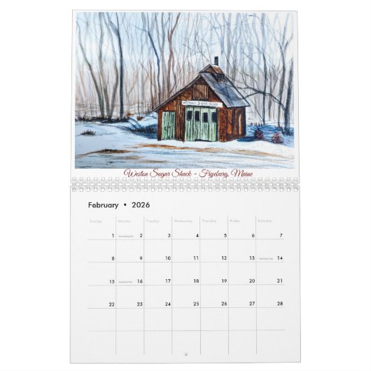 Calendrier des anciennes granges aquarelle (Feb 2026)