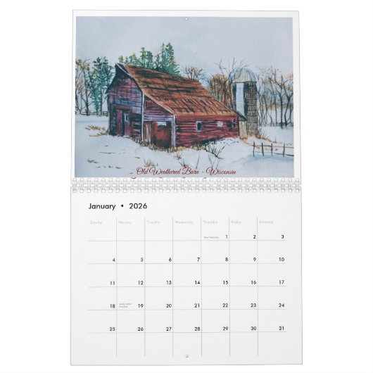 Calendrier des anciennes granges aquarelle (Jan 2026)