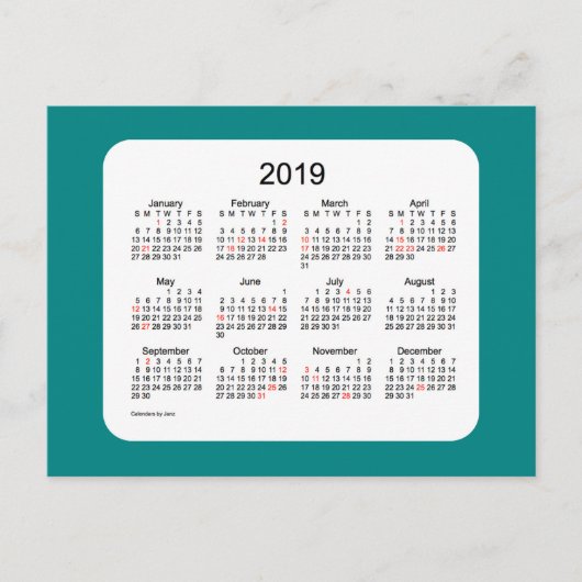 Calendrier des Fêtes 2019 par Janz Teal Carte Post (Devant)