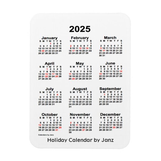 Calendrier des Fêtes Blanches 2025 par Janz Magnet (Vertical)