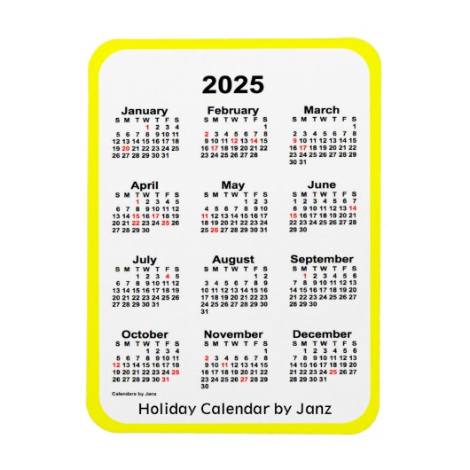 Calendrier des Fêtes Jaunes 2025 par Janz Magnet (Vertical)