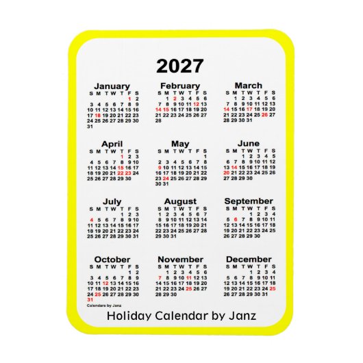 Calendrier des Fêtes Jaunes 2027 par Janz Magnet (Vertical)