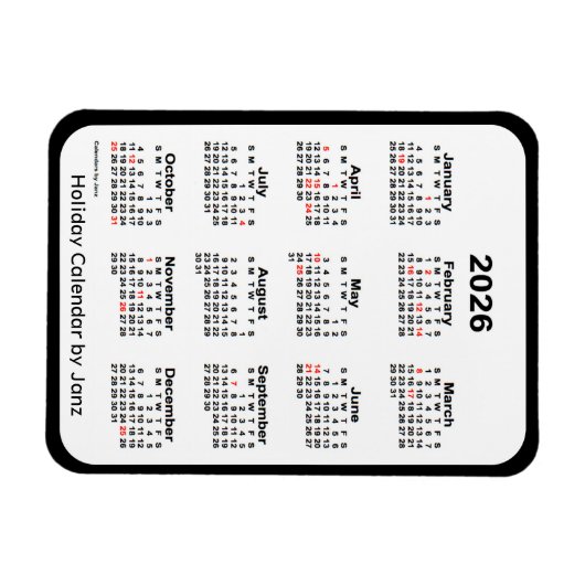 Calendrier des fêtes noires 2026 par Janz Magnet (Horizontal)
