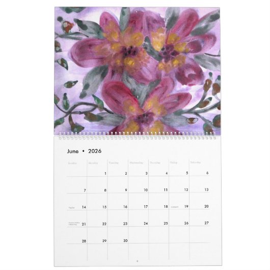 Calendrier des fleurs d'aquarelle (Jun 2026)