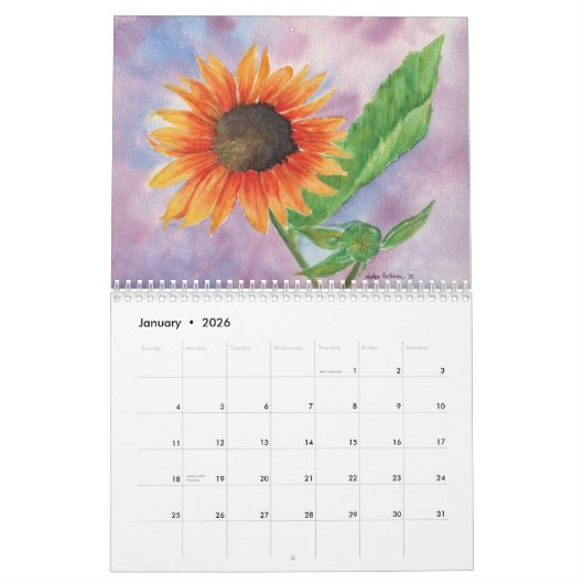 Calendrier des fleurs d'aquarelle (Jan 2026)