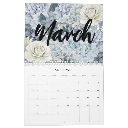 Calendrier des fleurs d'aquarelle (Mar 2026)