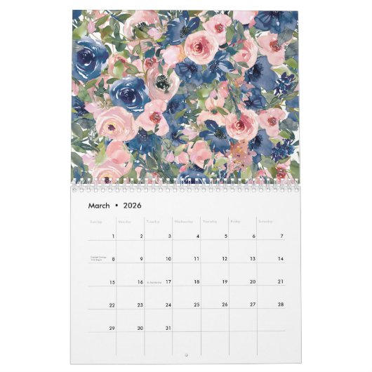Calendrier des fleurs d'aquarelle (Mar 2026)