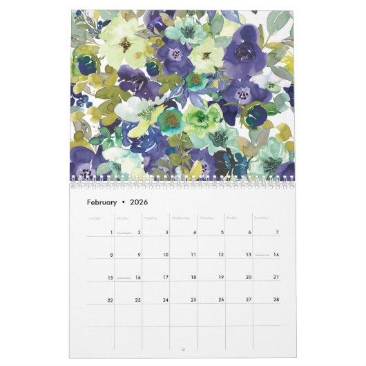 Calendrier des fleurs d'aquarelle (Feb 2026)