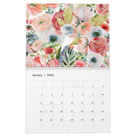 Calendrier des fleurs d'aquarelle (Jan 2026)