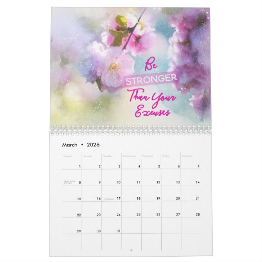 Calendrier des fleurs d'aquarelle avec citations d (Mar 2026)
