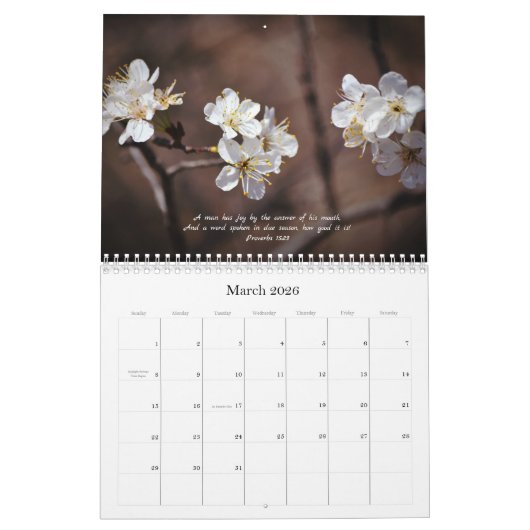 Calendrier des fleurs et des versets bibliques (Mar 2026)